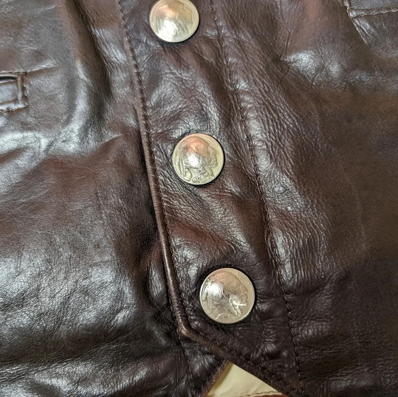 Vintage Remington West Goose Down Vest Yellowstone Leather Indian Nickel 40/M - Picture 10 of 16